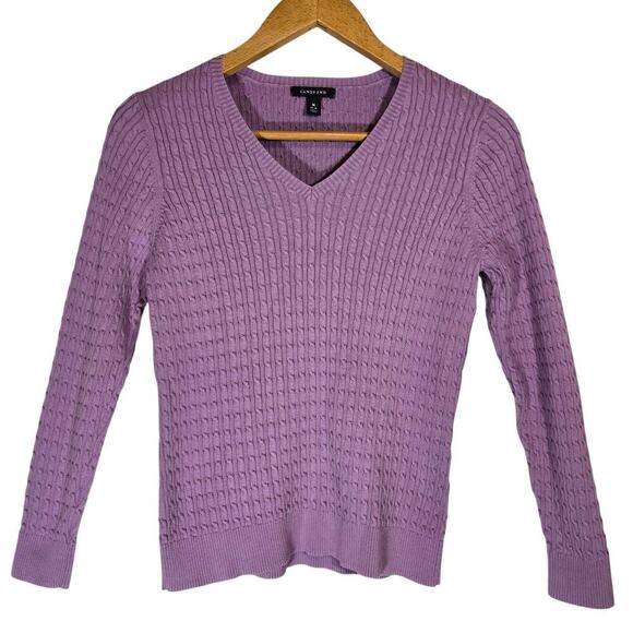 Lands End Cable Knit Lavender V Neck Pullover Sweater Preppy Spring Medium - Picture 1 of 7